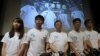 Committee members of Demosisto, from left: Agnes Chow, Joshua Wong, Kenneth Ip, Chairman Nathan Law and Oscar Lai, in Hong Kong, April 10, 2016.