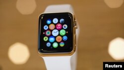 FILE - A gold-plated Apple Watch is seen at an Apple Store in Berlin, April 10, 2015. 