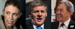 FILE - New Zealand Labour Party leader Jacinda Ardern in Christchurch, Aug. 16, 2017, New Zealand Prime Minister Bill English, in Christchurch Aug. 24, 2017, and New Zealand First leader Winston Peters in Christchurch, Aug. 16, 2017.