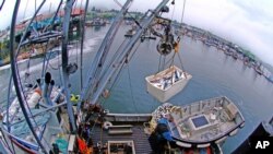 FILE - A tote of salmon is lifted in Petersburg, Alaska, July 31, 2006.