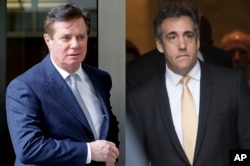 In these 2018 photos, Paul Manafort leaves federal court in Washington, left and attorney Michael Cohen leaves federal court in New York.