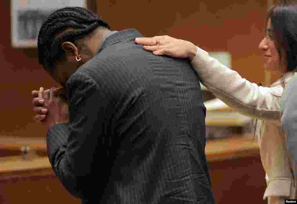 Rakim Mayers, aka A$AP Rocky, reacts in court as the verdict is given in his felony assault trial at the Clara Shortridge Foltz Criminal Justice Center in Los Angeles, California on February 18, 2025.&nbsp;A jury found the Grammy-nominated rapper not guilty of two felony counts of assault with a semi-automatic weapon in a 2021 altercation with another hip-hop artist in Hollywood.