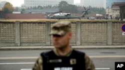 Presidential helicopters are grounded as President Donald Trump returned to U.S. Army Garrison Yongsan, Seoul, South Korea, Nov. 8, 2017, after attempting to visit the Demilitarized Zone (DMZ). 