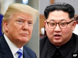 FILE- In this combination of file photos, U.S. President Donald Trump, left, in the Oval Office of the White House in Washington on May 16, 2018, and North Korean leader Kim Jong Un in a meeting with South Korean leader Moon Jae-in in Panmunjom, South Ko
