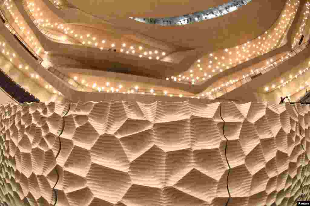 A special wall design for optimal acoustics is seen in the "Great Concert Hall" of the Elbphilharmonie (Philharmonic Hall) during a press tour in Hamburg, Germany.