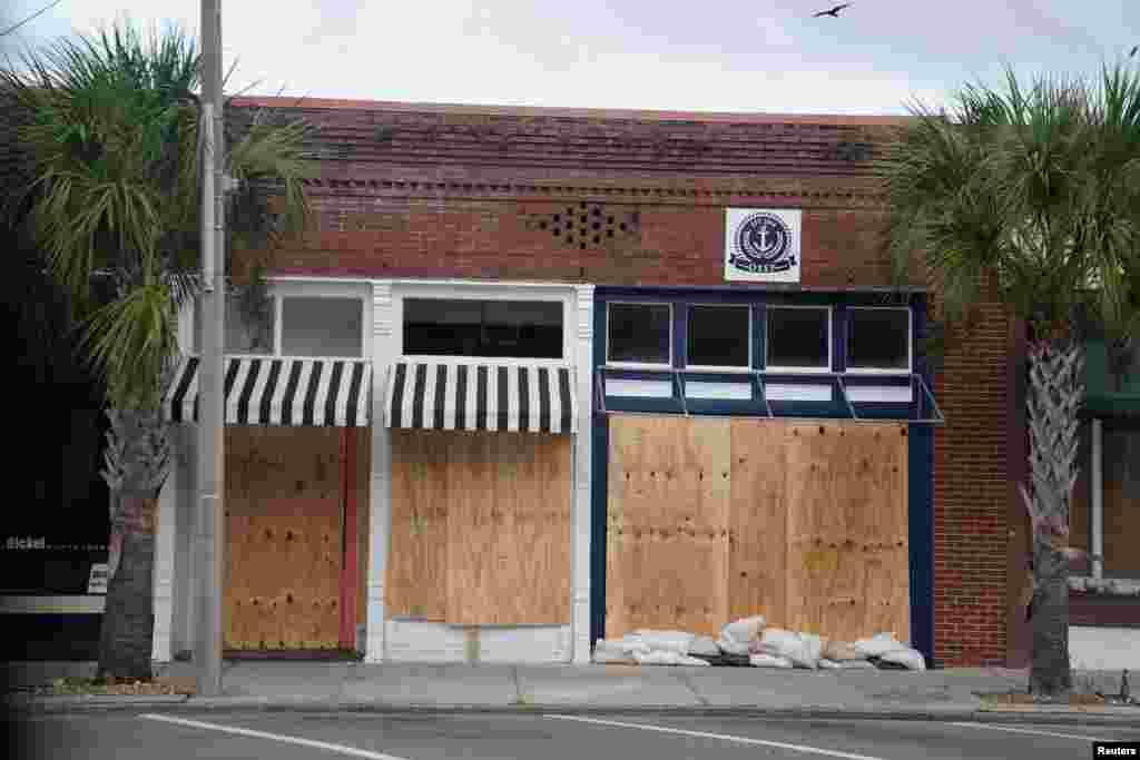 A boarded up business is pictured as Hurricane Michael bears down on Carrabelle, Florida, Oct. 9, 2018.