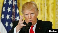 U.S. President Donald Trump takes a question during a news conference at the White House in Washington, Feb. 16, 2017.