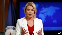 Juru bicara Departemen Luar Negeri AS, Heather Nauert, dalam sebuah taklimat di Washington, 9 Agustus 2017. Nauert mempertegas penolakan AS atas rencana pilpres Venezuela pada April
