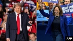 COMBO) This combination of pictures created on November 02, 2024 shows
Former US President and Republican presidential candidate Donald Trump (L) gestures as he arrives on stage to speak during a campaign rally at the Sports and Expo Center at Macomb Com