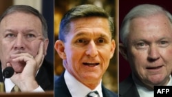ពីឆ្វេង​ទៅ​ស្តាំ - ​សមាជិក​សភា Pompeo ​ឧត្តម​សេនីយ៍​ឯក Flynn និងសមាជិក​ព្រឹទ្ធសភា​លោក ​Sessions។