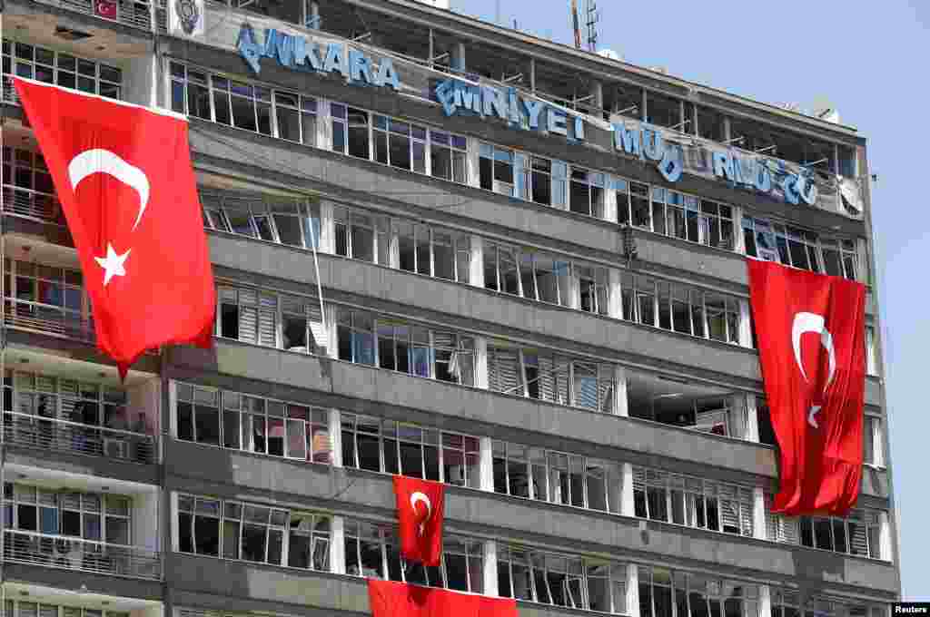 Damaged windows are pictured at the police headquarters in Ankara, Turkey, July 18, 2016. 