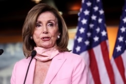 U.S. House Speaker Nancy Pelosi (D-CA) addresses her weekly news conference with Capitol Hill reporters at the U.S. Capitol in Washington.