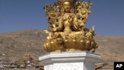 Sonam Dargye's body, covered in ceremonial scarves called katha, can be seen at the foot of the golden statue at Rongwo Temple.