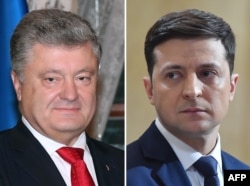 FILE - This combination of file pictures shows presidential candidates, Ukrainian President Petro Poroshenko (L), taken Nov. 3, 2018, and Ukrainian comic actor and showman Volodymyr Zelenskiy, taken March 6, 2019.