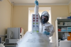 FILE - An employee works with a coronavirus vaccine at the Nikolai Gamaleya National Center of Epidemiology and Microbiology in Moscow, Russia, in this handout photo taken Aug. 6, 2020, and provided by Russian Direct Investment Fund.