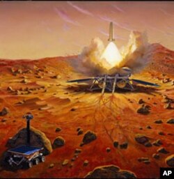 Artist rendering of a Mars Sample Return mission that would use robotic systems and a Mars ascent rocket to collect and send samples of Martian rocks, soils, and atmosphere to Earth for detailed chemical and physical analysis.