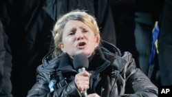 Mantan perdana menteri Ukraina Yulia Tymoshenko berbicara pada para demonstran di Kyiv (22/2). (AP/Efrem Lukatsky)