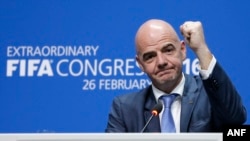 Newly elected FIFA president Gianni Infantino of Switzerland during a press conference after the second election round during the extraordinary FIFA congress in Zurich, Switzerland, Feb. 26, 2016.