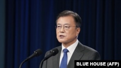 문재인 한국 대통령이 청와대에서 연설하고 있다. (자료사진)