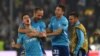 Les joueurs de Marseille exultent après leur qualification pour la finale de l'Europa League, Autriche, le 3 mai 2018