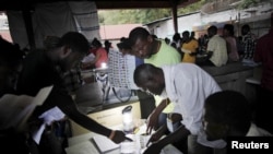 Petugas pemilu memeriksa kertas suara dalam penghitungan suara dalam pemilihan umum di Port-au-Prince, Haiti (9/8).