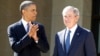 U.S. President Barack Obama applauds as former president George W. Bush arrives on stage at the dedication ceremony for the George W. Bush Presidential Center in Dallas, April 25, 2013.