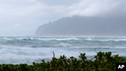 Waves break as Tropical Storm Olivia approaches Oahu, Sept. 12, 2018 in Laie, Hawaii. 