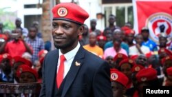 Ugandan musician turned politician, Robert Kyagulanyi also known as Bobi Wine arrives at the news conference at his home in Kasangati, Kampala, Uganda, July 24, 2019.