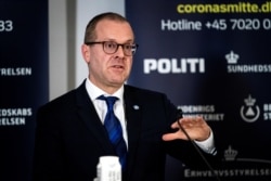 FILE - The World Health Organization's regional director for Europe, Hans Kluge, speaks during a news conference about the coronavirus disease at Eigtveds Pakhus, in Copenhagen, Denmark, March 27, 2020.