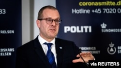 FILE - The World Health Organization's regional director for Europe, Hans Kluge, speaks during a news conference about the coronavirus disease at Eigtveds Pakhus, in Copenhagen, Denmark, March 27, 2020.
