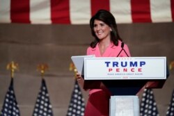 FILE - Former U.N. Ambassador Nikki Haley leaves after speaking during the Republican National Convention from the Andrew W. Mellon Auditorium in Washington, Aug. 24, 2020. (AP Photo/Susan Walsh)