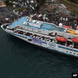 In this image taken from the Free Gaza Movement website on May 28, 2010, one of the Turkish ships taking part in the 'Freedom Flotilla' is seen docked prior to heading for the shores off the Gaza Strip.
