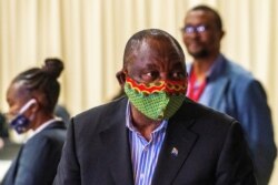 FILE - South African President Cyril Ramaphosa visits the coronavirus disease (COVID-19) treatment facilities in Johannesburg
