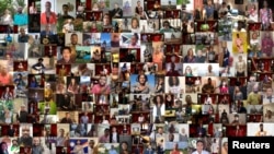 An undated handout shows the images of the 197 musicians from each country of the world who form the Earth Orchestra. 