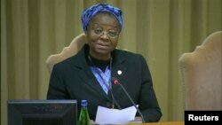 Sister Veronica Openibo speaks during the third day of the four-day meeting on the global sexual abuse crisis, at the Vatican, February 23, 2019, in this screen grab taken from video.