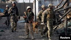 Tentara NATO dan Afghanistan tiba di lokasi terjadinya serangan bom bunuh diri di Jalalabad (26/3). Dilaporkan sedikitnya lima polisi tewas dalam serangan tersebut.
