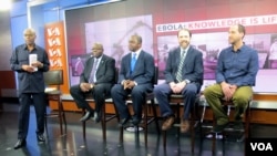 VOA "Straight Talk Africa" host Shaka Ssali, left, leads an Ebola discussion with Ambassador H.E. Bockari K. Stevens of Sierra Leone, Dr. Malonga Miatudila, and Ebola survivors Rick Sacra and Ashoka Mukpo, a physician and journalist, respectively, Nov. 19