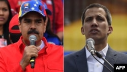FILE - This combination of photos shows Venezuelan President Nicolas Maduro (L) delivering a speech in Caracas, Feb. 2, 2019, and opposition leader Juan Guaido addressing a gathering of supporters in Caracas, Feb. 2, 2019.