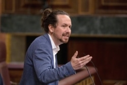FILE - Spanish second Deputy Prime Minister Pablo Iglesias delivers his speech during a no confidence motion against the government at parliament in Madrid, Spain, Oct. 2, 2020. (Pablo Blazquez Dominguez/Pool via Reuters)