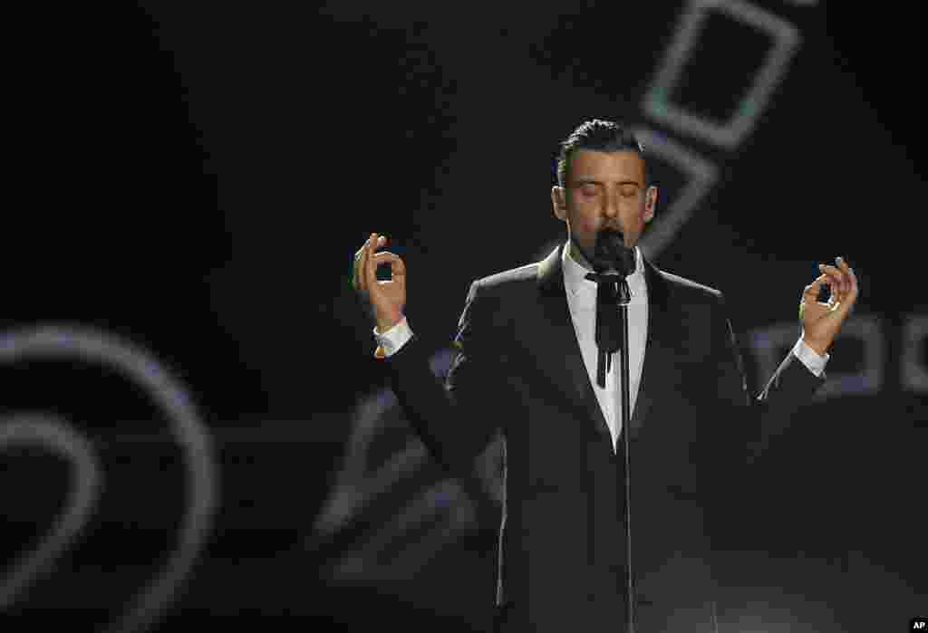 Francesco Gabbani from Italy performs the song "Occidentali's Karma" during the Final for the Eurovision Song Contest, in Kiev, Ukraine, May 13, 2017.
