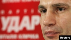 Heavyweight boxing champion and UDAR (Punch) party leader Vitaly Klitschko attends a news conference at his party's election headquarters in Kiev, October 29, 2012. 