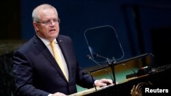 រូប​ឯកសារ៖ លោក Scott Morrison នាយក​រដ្ឋមន្រ្តី​នៃ​ប្រទេស​អូស្រ្តាលី​ថ្លែង​សុន្ទរកថា​នៅ​ក្នុង​មហាសន្និបាត​លើក​ទី៧៤​របស់​អង្គការ​សហប្រជាជាតិ​ នៅ​ទីស្នាក់ការ​កណ្តាល​របស់​អង្គការ​នៅ​ក្នុង​ក្រុង​ញូវយ៉ក កាលពី​ថ្ងៃទី២៥ ខែកញ្ញា ឆ្នាំ២០១៩។