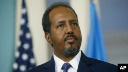 FILE - Somalia President Hassan Sheikh Mohamud speaks to reporters at the State Department in Washington, D.C., Sept. 20, 2013.