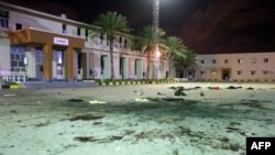 Damage on the concreate, from an air strike earlier in the day, is seen at a Military College in Al-Hadaba region in the capital Tripoli, on Jan. 4, 2020.