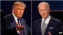 This combination of Sept. 29, 2020, photos shows President Donald Trump, left, and former Vice President Joe Biden during the first presidential debate at Case Western University and Cleveland Clinic, in Cleveland, Ohio.