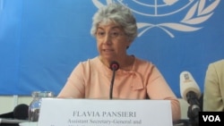 លោកស្រី​ ហ្វ្លាវៀ ផាន់សៀរី​ (Flavia Pansieri) ​ឧត្តម​ស្នងការ​រង​ផ្នែក​សិទ្ធិមនុស្ស​របស់​អង្គការ​សហ​ប្រជាជាតិ​​ នៅ​ក្នុង​សន្និសីទ​កាសែត​មួយ​នៅ​ថ្ងៃ​សុក្រ​ទី ០២ ខែឧសភា ឆ្នាំ​២០១៤។