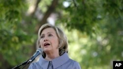 Democratic presidential candidate Hillary Rodham Clinton speaks during a news conference during a visit to the Iowa State Fair, Aug. 15, 2015, in Des Moines, Iowa. 