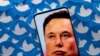 La ilustración muestra una imagen de Elon Musk en un teléfono inteligente y logotipos impresos de Twitter