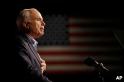 FILE - Republican presidential candidate Sen. John McCain, R-Ariz., speaks at a rally in Davenport, Iowa, Oct. 11, 2008.
