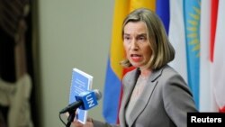FILE - European Union foreign affairs chief Federica Mogherini speaks after a meeting of the parties to the Iran nuclear deal during the 72nd U.N. General Assembly at U.N. headquarters in New York, Sept. 20, 2017.